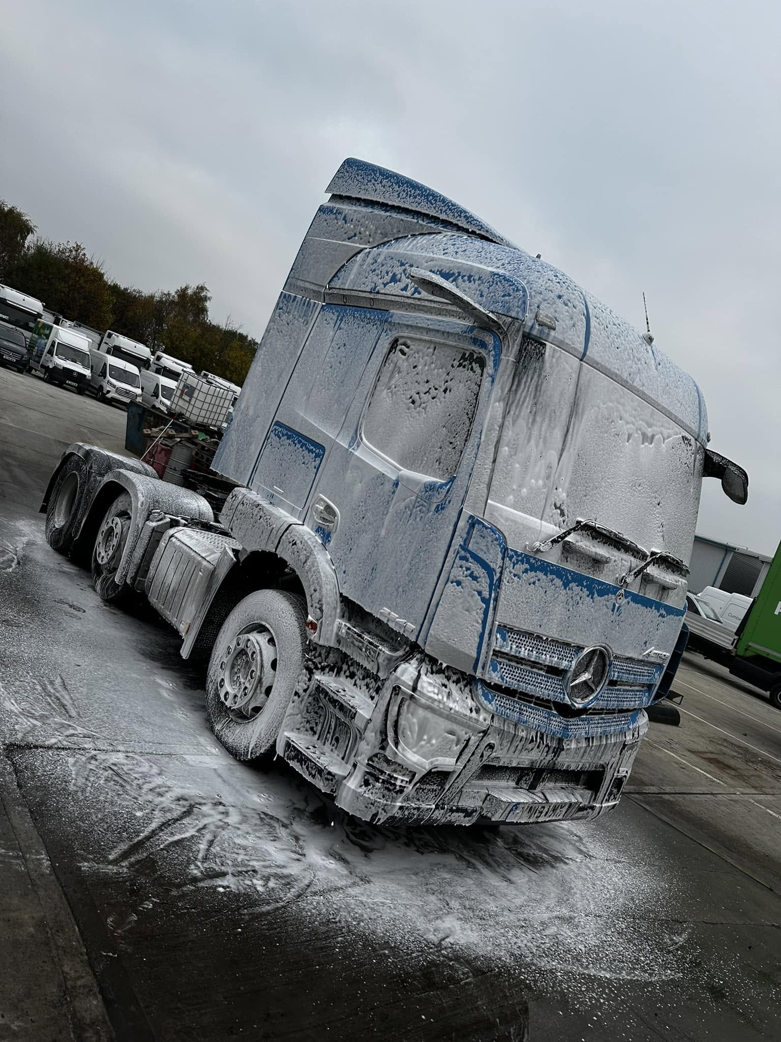 HGV cab covered in cleaning foam during a deep clean
